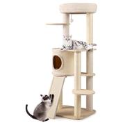 COSTWAY Arbre a Chat XXL 143 cm, Arbre a Chat Bois, Planche et Poteaux à Griffer en Sisal, 6 Plateformes, Condo, Tour pour Chaton, Coussins Amovible et Lavable, Pompon Suspendu