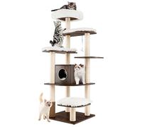 COSTWAY Arbre a Chat XXL en Bois 175 cm, 4 Poteaux à Griffer en Sisal, 7 Plateformes, Condo, Brosse d'Toilettage, Arbre a Chat Maine Coon, Peluche Lavable, pour 4-6 Chats, 60 x 60 x 175 cm, Brun