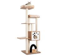 COSTWAY Arbre a Chat XXL en Bois 176 cm, 4 Poteaux à Griffer en Sisal, 5 Plateformes, Condo, Brosse d'Toilettage, Arbre a Chat Maine Coon, Tapis Amovible, pour 4-6 Chats, 59 × 59 × 176 cm, Naturel