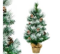 COSTWAY Arbre de Noël Artificiel de Table Enneigé 60CM, Sapin de Noël avec 34 PVC Aiguilles Enneigées et 14 Aiguilles de pin, 8 Pommes de Pin, Pied en Ciment avec Toile de Lin