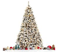 COSTWAY Arbre de Noël Enneigé Artificiel 225 CM, Sapin Floqué avec 450 LED et 1010 Branches, PVC avec Socle en Métal, Idéal pour Décoration