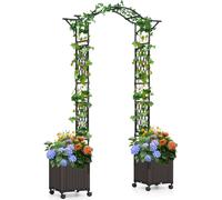 COSTWAY Arc de roses 2 en 1, 250 cm, treillis avec bac à fleurs, 2 bacs à plantes sur roulettes&trous de drainage, arc de jardin en métal, arc de portail(Noir)