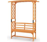 COSTWAY Arc de roses avec banc, treillis & treille, arc de jardin en bois, arc de porte pour plantes grimpantes, banc de jardin 2 places banc 160x50x199cm