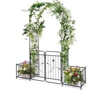 COSTWAY Arc de roses avec porte & 2 bacs à plantes, treillis métallique pour rosiers, support pour plantes grimpantes 202x50x220cm noir