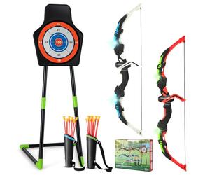 COSTWAY Arc et Flèche pour Enfants avec Lumières LED, Ensemble de Tir à l'arc avec 20 Flèches, 1 Cible Debout/Suspendue et 2 Carquois, Jeu de Tir Intérieur Extérieur pour Garçons Filles de 3 Ans+