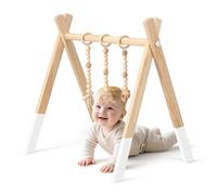 COSTWAY Arche de jeu en bois pour bébé, Trapèze de jeu pliable, Baby Gym avec 3 jouets d'enfant amovibles, Trapèze de jeu pour bébé de plus de 3 mois, Jouet en bois pour le développement du cerveau (B