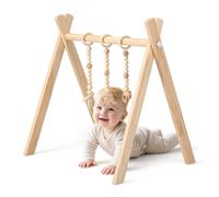 COSTWAY Arche de jeu en bois pour bébé, Trapèze de jeu pliable, Baby Gym avec 3 jouets d'enfant amovibles, Trapèze de jeu pour bébé de plus de 3 mois, Jouet en bois pour le développement du cerveau (N