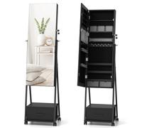 COSTWAY Armoire à Bijoux à Roulettes avec Miroir de Pleine Longueur, Miroir sur Pied avec 9 Compartiments, Porte Verrouillable, Grand Tiroir, Étagère, 42 x 38 x 157 cm (Noir)