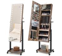COSTWAY Armoire à Bijoux à Roulettes Hauteur Réglables, Miroir Pleine Longueur avec Lumières LED, Interrupteur Tactile, Verrouillable, Roues Universelles(Marron Rustique)