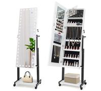 COSTWAY Armoire à Bijoux à Roulettes Hauteur Réglables, Miroir Pleine Longueur avec Lumières LED, Interrupteur Tactile, Verrouillable, Roues Universelles(Blanc)