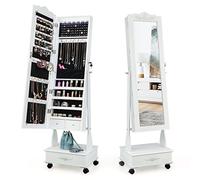 COSTWAY Armoire à Bijoux à Roulettes, Organisateur de Bijoux Verrouillable Réglable à 3 Positions, Tiroirs, Miroir Pleine Longueur pour Salon, Chambre (Blanc)