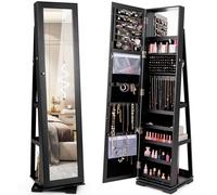 COSTWAY Armoire à bijoux, armoire à glace avec miroir intégral et miroir de maquillage intégré, verrouillable, rangement pour bijoux avec clés Noir