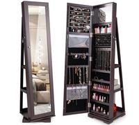 COSTWAY Armoire à bijoux, armoire à glace avec miroir intégral et miroir de maquillage intégré, verrouillable, rangement pour bijoux avec clés Café