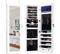 COSTWAY Armoire à bijoux avec 15 lampes LED, étagère à bijoux pour montage mural ou sur porte, boîte à bijoux avec miroir intégral, armoire à bijoux pour bagues, crochets pour chaînes et boucles d'ore