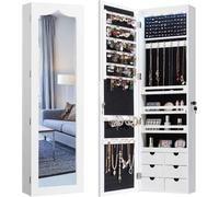 COSTWAY Armoire à bijoux avec éclairage LED, 6 tiroirs et miroir, armoire à niveau suspendue, armoire suspendue pour porte et montage mural, verrouillable (blanc)