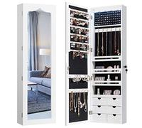 COSTWAY Armoire à bijoux avec éclairage LED, 6 tiroirs et miroir, armoire suspendue pour porte et montage mural, verrouillable (blanc)