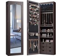 COSTWAY Armoire à bijoux avec éclairage LED, étagère à bijoux avec miroir intégral, suspendue pour porte et montage mural, verrouillable (brun)