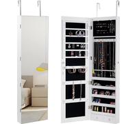 COSTWAY Armoire à bijoux avec éclairage LED, étagère à bijoux suspendue avec miroir, verrouillable avec clés, hauteur 120 cm