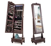 COSTWAY Armoire à bijoux avec miroir, armoire à bijoux LED avec tiroir, organisateur de bijoux verrouillable, sur roulettes, idéale pour le rangement et le maquillage