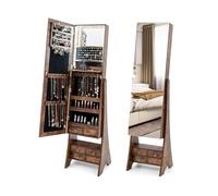 COSTWAY Armoire à bijoux avec miroir, éclairage, armoire à bijoux avec tiroirs et étagère pliable, idéale pour le maquillage (marron)