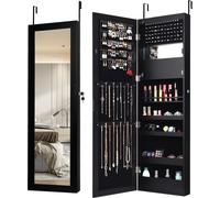 COSTWAY Armoire à bijoux avec miroir et lampes LED Armoire cosmétique pour montage mural sur porte avec étagères doublées, crochets & compartiments