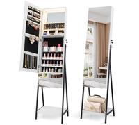 COSTWAY Armoire à Bijoux avec Miroir et Tiroir sur Pieds, Miroir Psyché HD sans Cadre, Verrouillable, Lumières LED 3 Couleurs, Étagère de Rangement (Blanc)