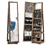 COSTWAY Armoire à bijoux avec miroir pleine longueur et miroir de maquillage intégré, rotatif à 360°, verrouillable, debout, organisateur de bijoux avec clés, marron