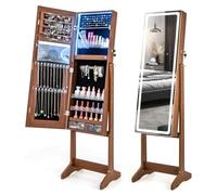 COSTWAY Armoire à Bijoux avec Miroir sur Pieds, Grand Miroir Psyché Sans Cadre avec Éclairage LED 3 Couleurs, Organisateur de Bijoux avec 3 Angles Ajustables, Placard Beauté, Serrure (Noyer)