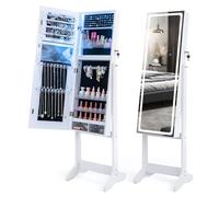 COSTWAY Armoire à Bijoux avec Miroir sur Pieds, Grand Miroir Psyché Sans Cadre avec Éclairage LED 3 Couleurs, Organisateur de Bijoux avec 3 Angles Ajustables, Placard Beauté, Serrure (Blanc)