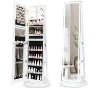 COSTWAY Armoire à Bijoux avec Miroir sur Pieds, Pivotant 360°, Grand Miroir Psyché Sans Cadre avec LED, Verrouillable, Placard Beauté, 3 Étagères, Serrure, Rangement Bijoux Style Nordique, Blanc