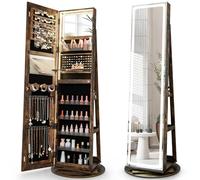 COSTWAY Armoire à Bijoux avec Miroir sur Pieds, Pivotant 360°, Grand Miroir Psyché Sans Cadre avec LED, Verrouillable, Placard Beauté, 3 Étagères, Serrure, Rangement Bijoux Style Nordique, Marron
