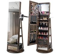 COSTWAY Armoire à Bijoux avec Miroir sur Pieds, Pivotant 360°, Miroir Psyché sans Cadre, Lumières LED, Verrouillable, Support pour Sèche-Cheveux, 3 Étagères à l’Arrière, Grand Tiroir (Marron Rustique)