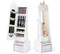 COSTWAY Armoire à Bijoux Enfant avec Miroir Argenté, Organisateur à Bijoux en Motif Licorne avec Bac en Tissu, 2 Angles d'Inclinaison, Dispositif Anti-basculement, Miroir sur Pied pour 3 Ans+ (Blanc)