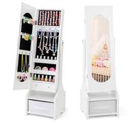 COSTWAY Armoire à Bijoux Enfant avec Miroir & Bac en Tissu, Organisateur à Bijoux avec 2 Angles d'Inclinaison, Dispositif Anti-basculement, Miroir sur Pied pour Enfants de 3 Ans+, Blanc