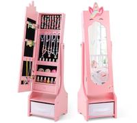 COSTWAY Armoire à Bijoux Enfant avec Miroir & Bac en Tissu, Organisateur à Bijoux en Motif Licorne avec 2 Angles d'Inclinaison, Dispositif Anti-basculement, Miroir sur Pied pour 3 Ans+ (Rose)