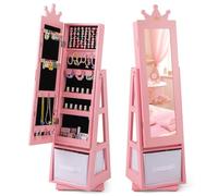 COSTWAY Armoire à Bijoux Enfant avec Miroir & Base Pivotante, Organisateur à Bijoux en Motif Couronne avec Bac en Tissu & Étagère, Dispositif Anti-basculement pour Enfant de 3 Ans+ (Rose)