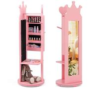 COSTWAY Armoire à Bijoux Enfants Base Pivotante, Miroir sur Pied, Grande Capacité de Rangement, Support à Vêtements, Crochets, Rose
