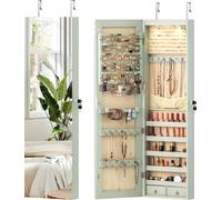 COSTWAY Armoire à bijoux, étagère à bijoux avec éclairage LED, miroir, armoire à glace avec clés, rangement pour bijoux, 35,5x10x120cm, vert