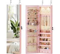 COSTWAY Armoire à bijoux, étagère à bijoux avec éclairage LED, miroir, armoire à glace avec clés, rangement pour bijoux, 35,5x10x120cm, rose
