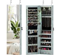 COSTWAY Armoire à bijoux, étagère à bijoux avec éclairage LED, miroir, armoire à glace avec clés, rangement pour bijoux, 35,5x10x120cm, bleu vintage