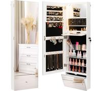 COSTWAY Armoire à bijoux LED 120cm, organisateur mural d'armoires à bijoux avec miroir intégral sans cadre, miroir de maquillage intégré et étagère pliable, 4 étagères et serrure avec clés, blanc