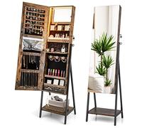 COSTWAY Armoire à Bijoux LED, Armoire de Rangement sur Pieds Verrouillable, Miroir Pleine Longueur HD, Lumières 3 Couleurs, Miroir Intérieur, pour Boucle d'Oreille, Bague, Collier, Marron rustique