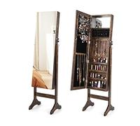 COSTWAY Armoire à Bijoux,Miroir Plein Sans Cadre, Armoire de Rangement de Maquillage sur Pieds pour Bijoux avec Porte Verrouillable, 4 Angles d'Inclinaison Réglables (Marron)