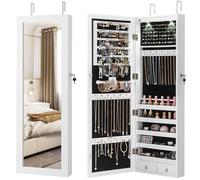 COSTWAY Armoire à Bijoux Mural 2 LED, Meuble de rangement avec Crochets Réglables, Miroir grand format et Tiroirs, pour Maquillage Quotidien et Bijoux, 108 x 37 x 9,5 cm, Blanc/Brun (Blanc)