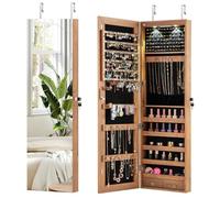 COSTWAY Armoire à Bijoux Mural avec Miroir et Lumière LED Armoire de Rangement Accrochée à La Porte 120 x 36 x 10 cm (Rose)