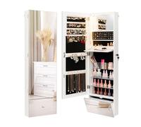 COSTWAY Armoire à Bijoux Murale 120 cm, Lumières LED, Miroir Sans Cadre Pleine Longueur, Miroir Intégré, Étagère de Maquillage Pliable, Tiroir de Rangement, Verrouillable, Blanc