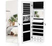 CostwayArmoire à Bijoux Murale/à Suspendre LED 4 Tiroirs 4 Etagères et 1 Abattant Intégré pour Bijoux et Cosmétiques Blanc