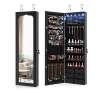 COSTWAY Armoire à Bijoux Murale avec Miroir, Inclus 5 Lumières LED, Emplacement pour Boucles d'Oreiller,Bracelets,Bag etc. Installable sur Mur ou Porte, 36,5 x 11,5 x 120 cm (Noir)