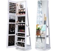 COSTWAY Armoire à bijoux pivotante à 360°, armoire à glace indépendante verrouillable avec lampes LED tricolores & miroir intégral, organiseur à bijoux Rangement pour bijoux avec clés
