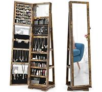 COSTWAY Armoire à Bijoux Pivotante à 360 Degrés, Organisateur de Bijoux sur Pieds, avec Grand Miroir Psyché et Etagère de Rangement à L’Arrière (Brun Rustique)